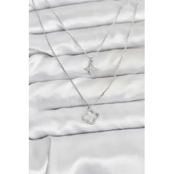 Pirinç Gümüş Renk Yonca Model 2'li Kadın Kolye