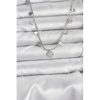 Pirinç Gümüş Renk Yonca Model Kadın Kolye