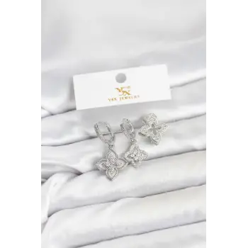 Pirinç Gümüş Renk Yonca Model YSX Trio Küpe Seti