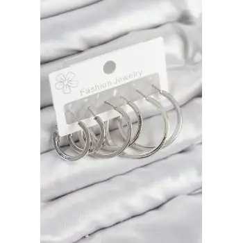 Pirinç Halka Model Gümüş Renk Kadın Set Küpe