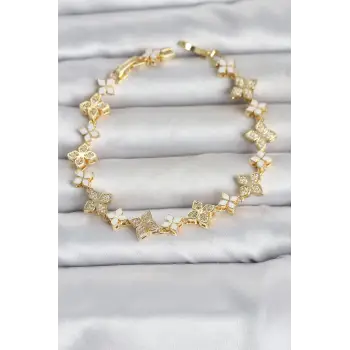 Pirinç Zirkon Taşlı ve Mineli Yonca Model Gold Renk Kadın Bileklik