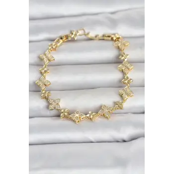 Pirinç Zirkon Taşlı Yonca Model Gold Renk Kadın Bileklik