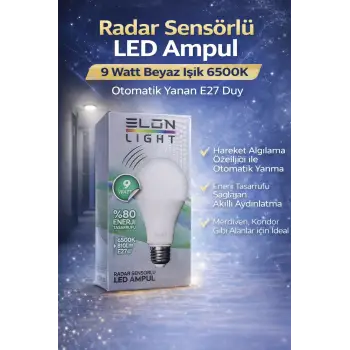 Radar Sensörlü LED Ampul 9 Watt Beyaz Işık 6500K Otomatik Yanan E27 Duy