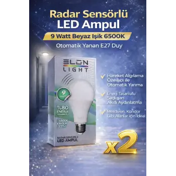 Radar Sensörlü LED Ampul 9 Watt Beyaz Işık 6500K Otomatik Yanan E27 Duy 2 Adet