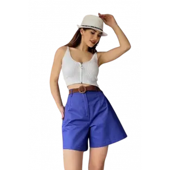 Rahat Kalıp Kemerli Mom Şort - MAVİ