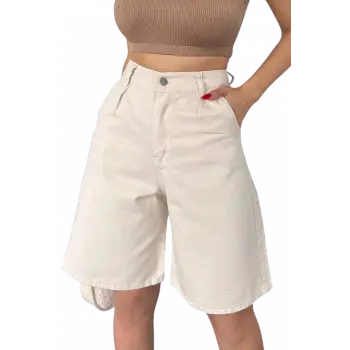Rahat Kesim  Denim Şort CEPLİ-Krem
