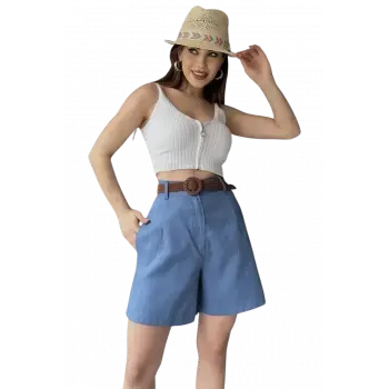 Rahat Kesim Kemerli Mom Şort-AÇIK MAVİ
