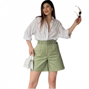 Rahat Kesim Kemerli Mom Şort - HAKİ