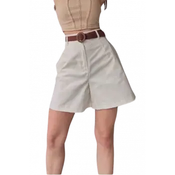 Rahat Kesim Kemerli Mom ŞorT -KREM