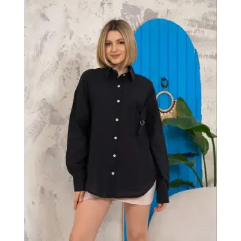 Relax fit keten gömlek siyah s255349