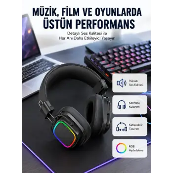 RGB Işıklı Katlanabilir Bluetooth 5.3 Kulak Üstü Kulaklık