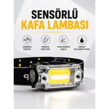 Sensör Kontrollü Şarjlı Beyaz LED Kafa Lambası ve El Feneri