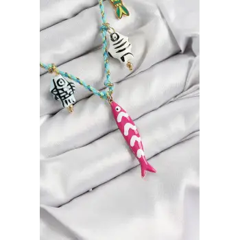 Seramik Motifli Pembe Balık Figürlü Model Mavi İp Kadın Kolye