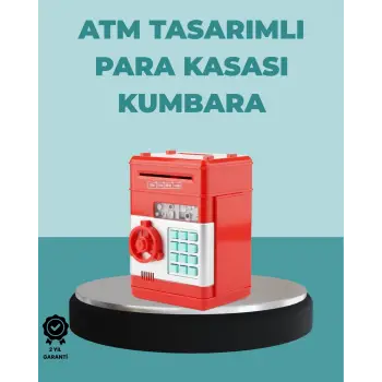 Şifreli Kırmızı ATM Tasarımlı Çelik Kasa Görünümlü Kumbara