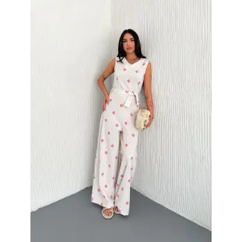 Sırt dekolteli keten beyaz tulum S1036