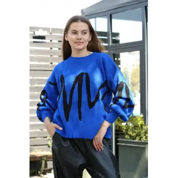 Siyah çizgili bisiklet yaka kazak Saks