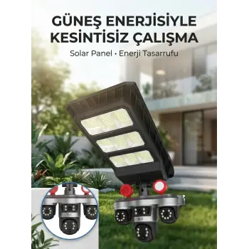 Solar Panelli Akıllı Güvenlik Kamerası LED Projektörlü