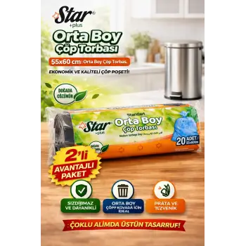 Star Plus Orta Boy Çöp Torbası 20li 2 Paket 55x60 cm Dayanıklı Sızdırmaz Orta Boy Çöp Poşeti