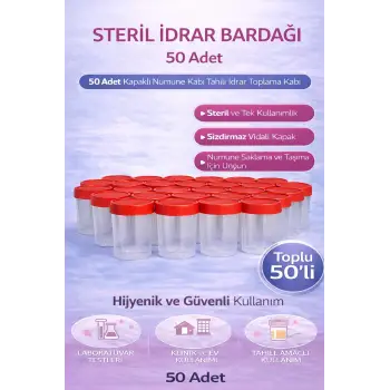 Steril İdrar Kabı Kapasiteli Numune Toplama Kabı 50 Adet