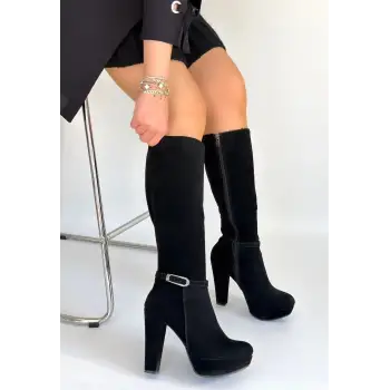 Tekja Siyah Süet Topuklu Çizme