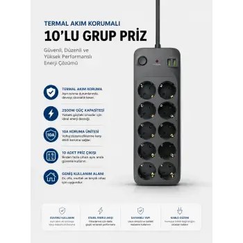 Termal Akım Korumalı USB Type-C Girişli 10lu Grup Priz 2500W Güç Kapasitesi (Kopya)