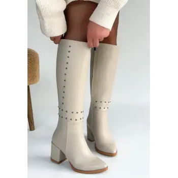 Tiyan Bej Cilt Topuklu Çizme