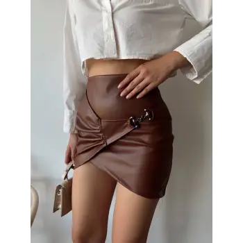 Tokalı deri etek kahve s240097