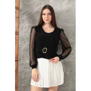 Tokalı tül kollu bluz siyah t4071