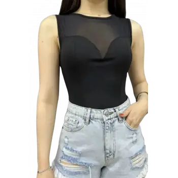 Tül Detaylı Dalgıç Bluz-SİYAH