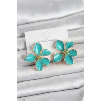 Turkuaz Mineli Çiçek Model Pirinç Kadın Küpe