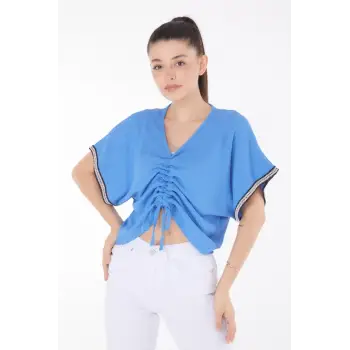 V yaka büzgülü detaylı bluz