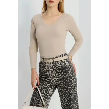 V yaka kaşkorse bluz bej a3699