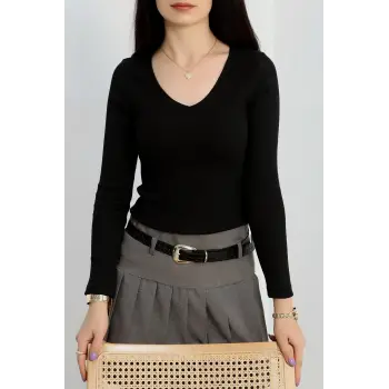 V yaka kaşkorse bluz siyah a3699