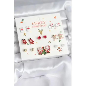 Yılbaşı Temalı Karışık Model 8 Çift Yılbaşı Temalı Kadın Küpe Seti