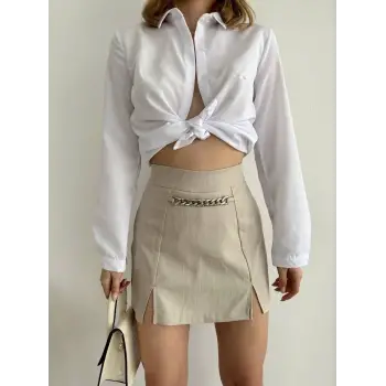 Zincir detaylı çizgili şort etek