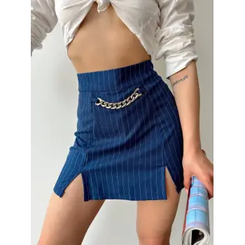 Zincir detaylı çizgili şort etek