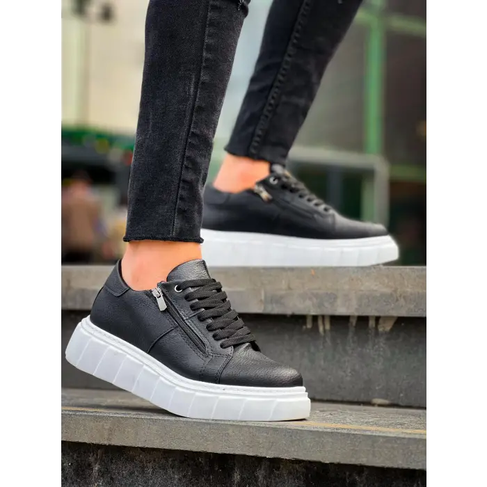KB-X155 Kuback Siyah Cilt Detaylı Beyaz Yüksek Taban Günlük Spor Ayakkabı