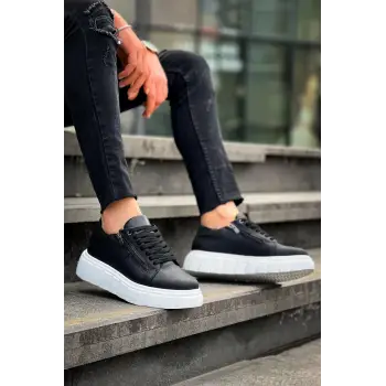 KB-X155 Kuback Siyah Cilt Detaylı Beyaz Yüksek Taban Günlük Spor Ayakkabı