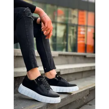 KB-X155 Kuback Siyah Cilt Siyah Süet Detaylı Beyaz Yüksek Taban Günlük Spor Ayakkabı