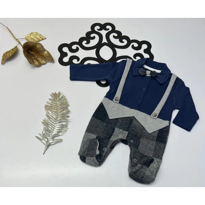 Askılı papyonlu kareli desenli çıtçıtlı tulum