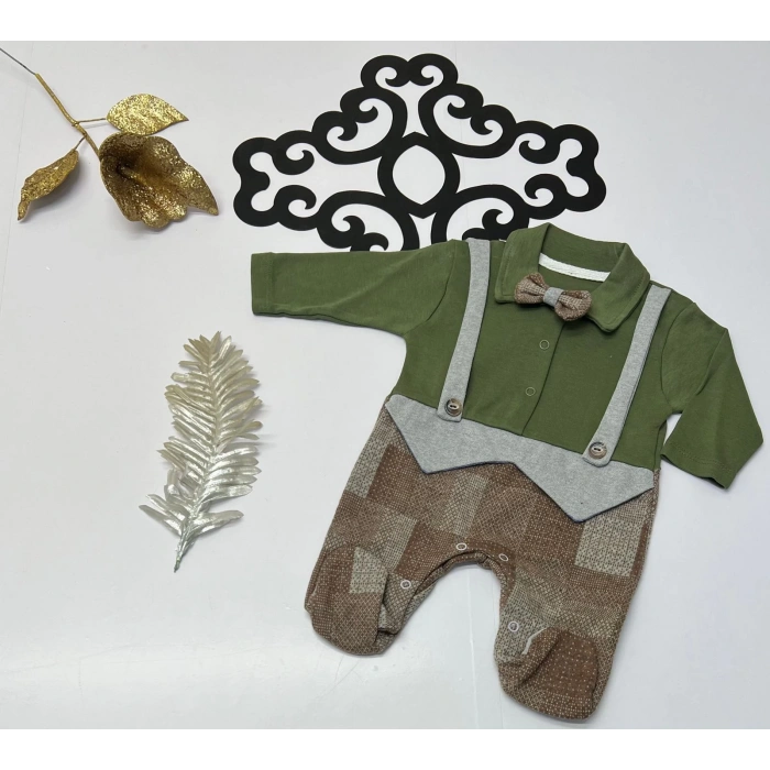 Askılı papyonlu kareli desenli çıtçıtlı tulum