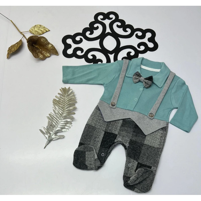 Askılı papyonlu kareli desenli çıtçıtlı tulum