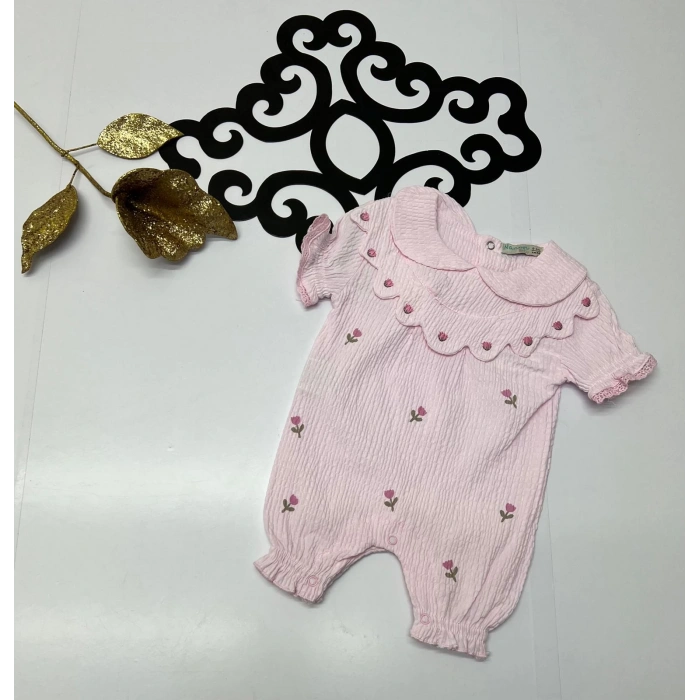 çiçekli nakışlı yakalı dantel kollu yazlık kiz tulum