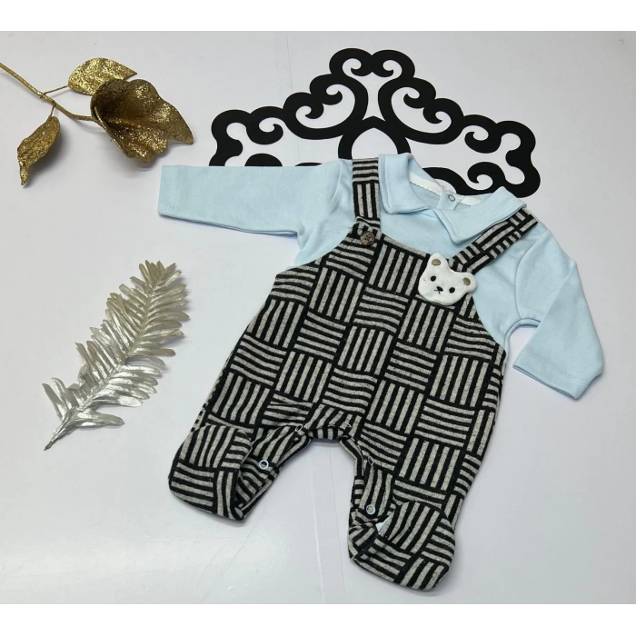 Çizgili kareli düğmeli Slopet görünümlü ayı nakışlı tulum