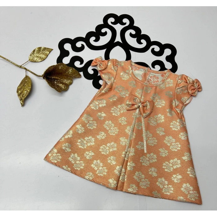 Jakar elbise çiçek desenli koldan papyonlu ve göğüsten papyonlu şeritl arkadan düğmeli