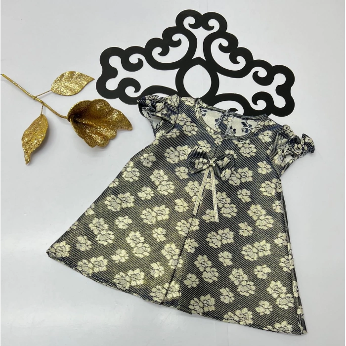 Jakar elbise çiçek desenli koldan papyonlu ve göğüsten papyonlu şeritl arkadan düğmeli