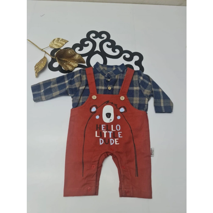 Penye Slopet görünümlü hello Little dude baskılı düğmeli ve çıtçıtlı tulum