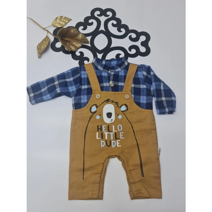 Penye Slopet görünümlü hello Little dude baskılı düğmeli ve çıtçıtlı tulum