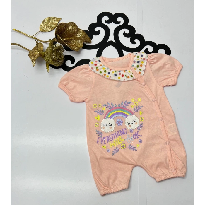 Yazlık büyük nakışlı noktalı yakalı çıtçıtlı bebe kiz tulum