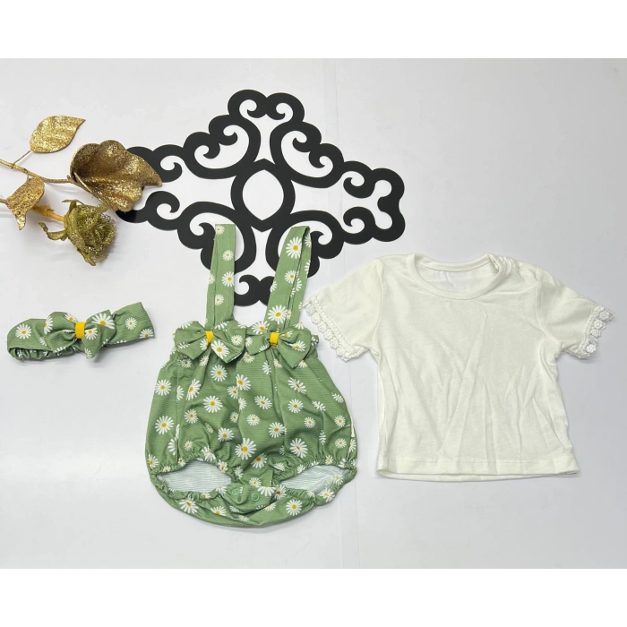 Yazlık çiçekli baskılı papyonlu koldan dantelli tişört 3 lü slopet bebe takım